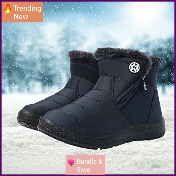 Women's Winter Ankle Boots Water Resistant Fur Lined Zip Flat Sneakers - Picture 3 of 8